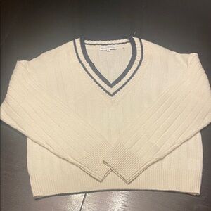 White + Warren Ivory V-Neck Sweater with Dark Navy Trim